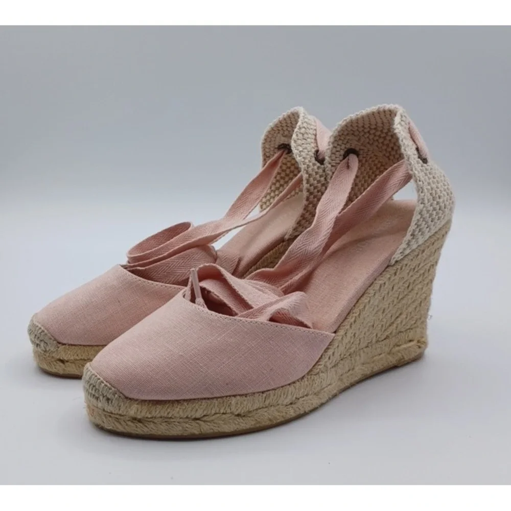 Soludos The Marseille Lace Up Wedge Espadrille PINK Ribbon Women's 5.5 Jute Heel